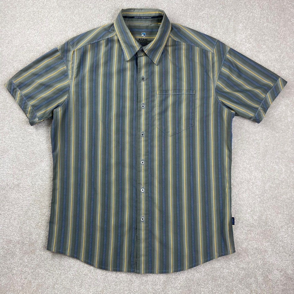 Kuhl Button Down Shirt Mens Medium Green Textured Striped Short Sleeve